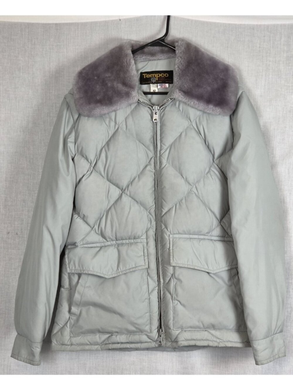 Vtg Tempco Goose Down Puffer Coat Size 42 Faux Fur Collar Winter Warm Jacket